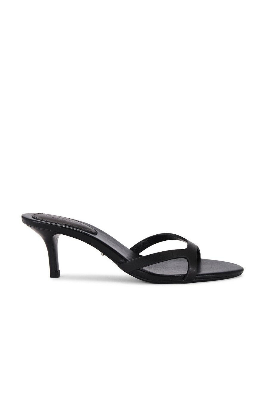 Tony Bianco Daisy Sandal in Black Como leather mid heel almond toe slip-on